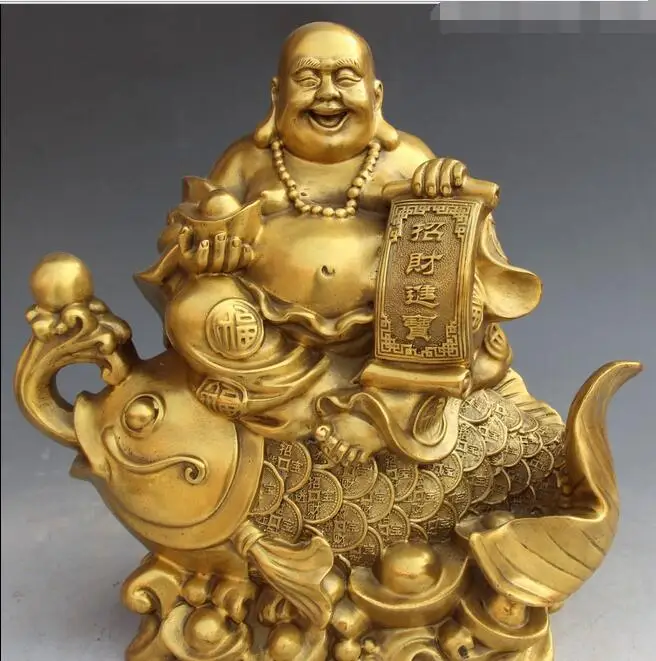 

free 12" Chinese Bronze Wealth Yuanbao Fish Happy Laugh Maitreya Buddha Statue fast