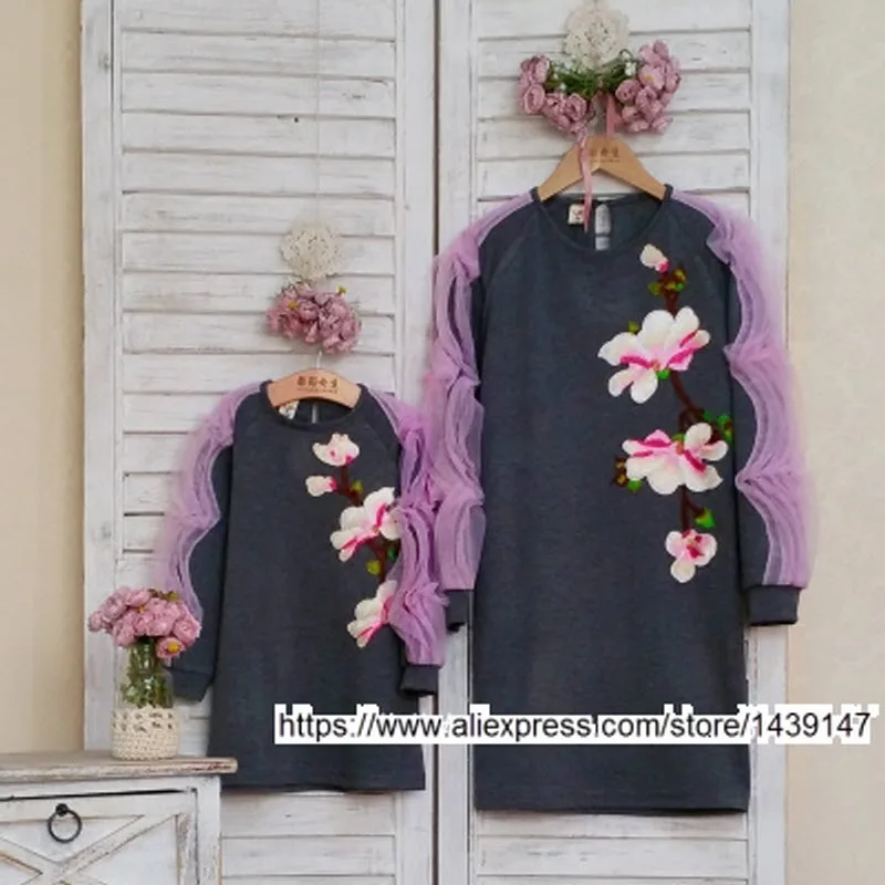

Children clothing Mother and Daughter Dresses Peach blossom , 2-10 years old Child baby Girl clothes , Women plus Large size 4XL