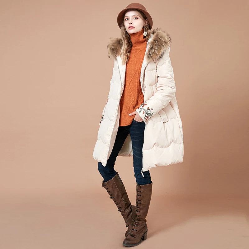 Beste ARTKA 2018 Nieuwe Geborduurde Grote Raccoon Dog Fur Afneembare Kraag A lijn Lange Vrouwelijke 90% Witte Eendendons Jas ZK10880D