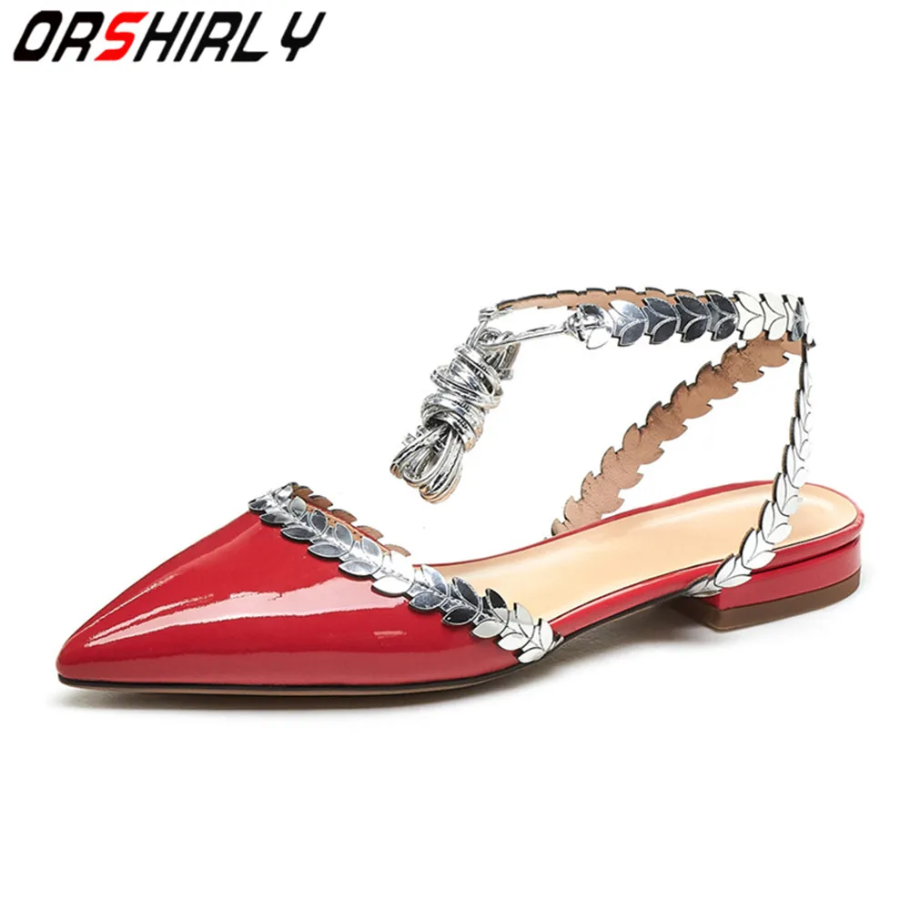 

Orshirly New design Genuine leather Red Beige ankle strap women flats sandals pointed toe party Bling shoes women
