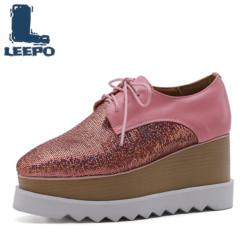 

LEEPO Flat Platform Shoes Women Pink Lace-Up Square Toe Flats Woman Luxury Handmade Cow Leather Platform Bling Glitter Shoes 8cm