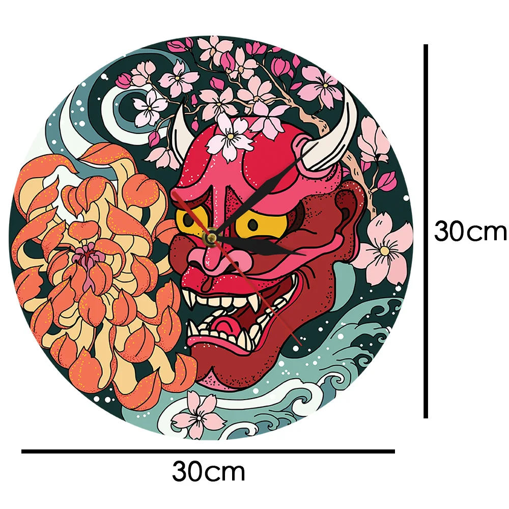 Готический красный Oni маска демона настенные часы японский сакура цветы, пионы на стены искусства Япония подстежка на искусственном меху, злой красный смерти домашний декор часы