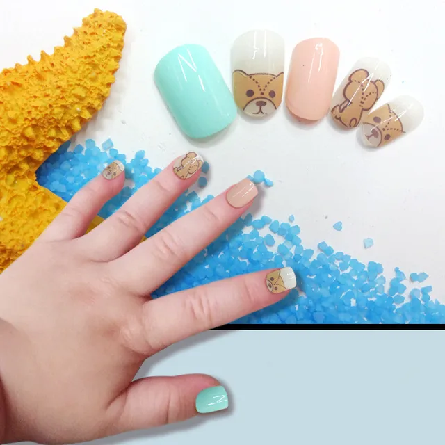 For Kids Children New 24pcs Brown Bear Fashion Blue Cute Style For Kids Children New 24pcs Brown Bear Fashion Blue Cute Style Short Fake False Nails