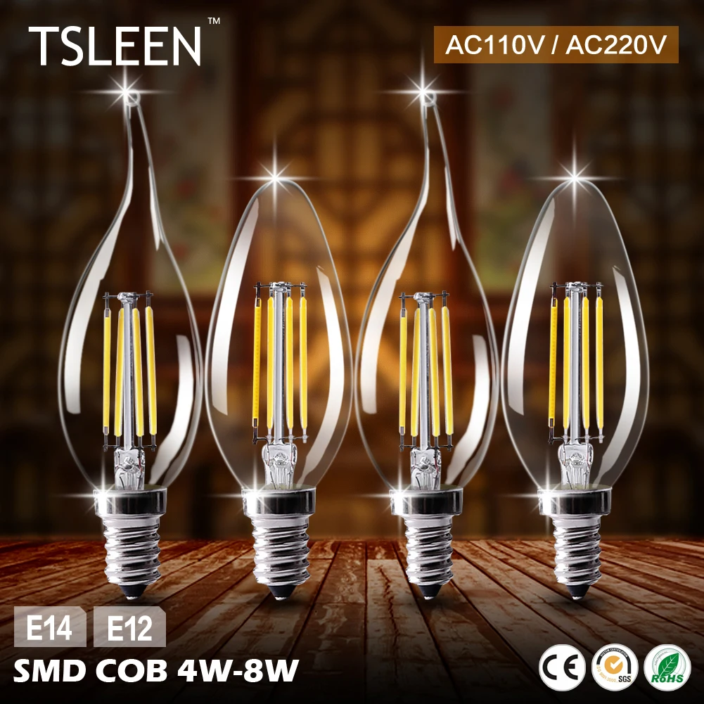 

TSLEEN 6Pcs Dimming Edison E14 LED Glass Housing Bulb C35 Candle Light E12 Filament Led Lamp 8W 110V 220V Replace Incandescent