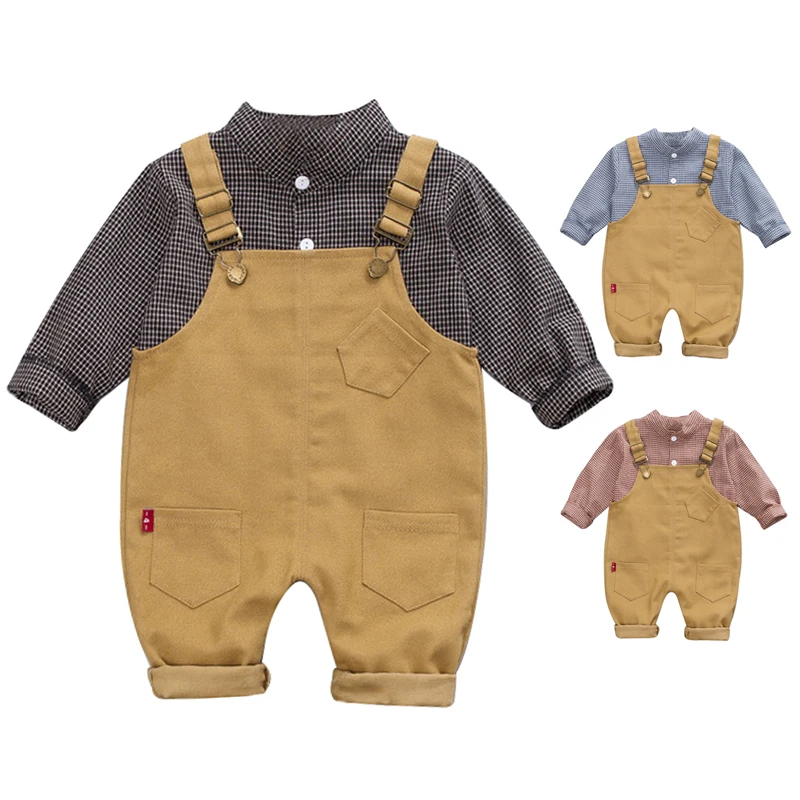 

2pcs/set Autumn Baby Boy Adorable Plaid Print Long Sleeve Shirt Blouse Suspenders Trousers Casual Outfits Clothes