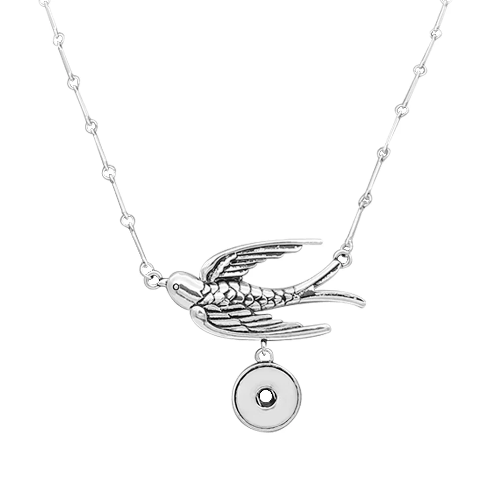 

2018 Retro smear swallows silver pendant Necklace with 48CM chain fit 18mm snap button for girl women Statement Jewelry