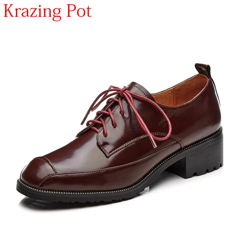 

2018 Fashion Genuine Leather Brand Spring Shoes Thick Heels Preppy Style Crystal Beading Women Pumps Lace Up Oxford Shoes L16