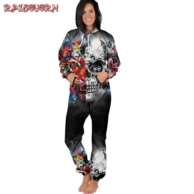 RAISEVERN Autumn Romper Women Skull Long Sleeve Jumpsuit Casual Women Elegant Hip Hop Sportswear Zipper Jumpsuits Bodysuit 2018