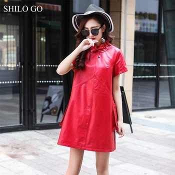 

SHILO GO Leather Dress Womens Summer Fashion sheepskin genuine leather Dress tie ruffles collar short sleeve Casual straight