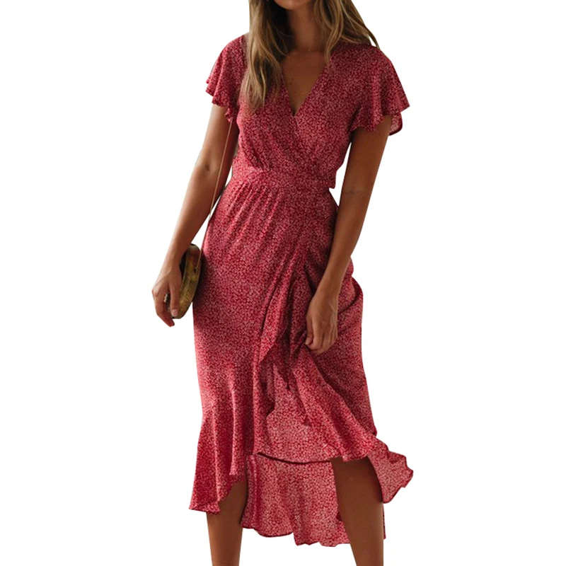 

Flora Print Summer Dress Women Fashion V Neck Short Sleeve Slim Maxi Dress Casual Ruffles Asymmetrical Party Dress Vestidos H40