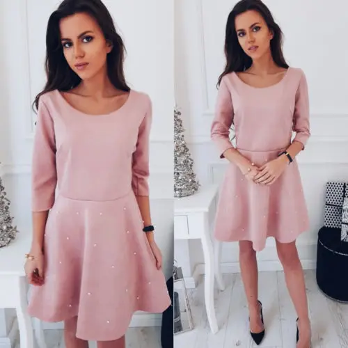 Women Sexy Dresses Casual Summer Pearl Solid Pink Three Quarter Sleeve Round Neck Party Evening Short Mini Dress | Женская одежда