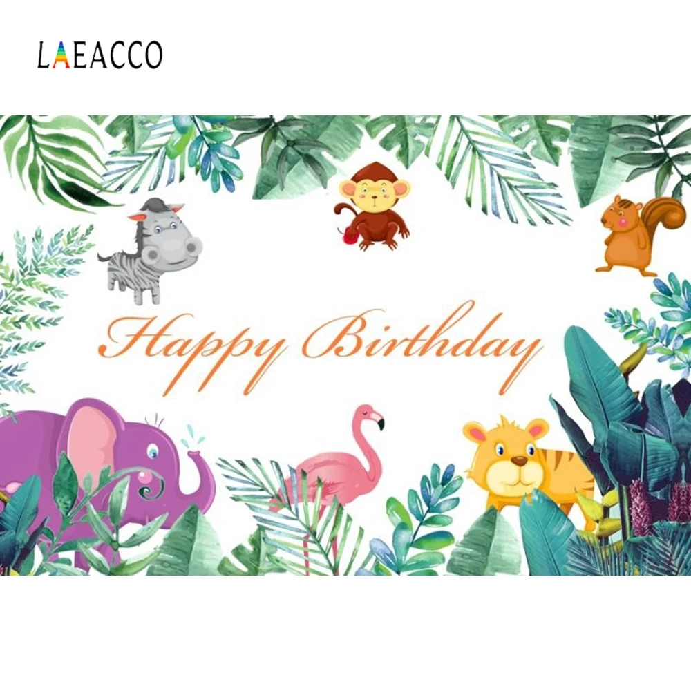 

Laeacco Cartoon Animals Green Leaves Birthday Portrait Photography Background Customized Photographic Backdrops for Photo Studio