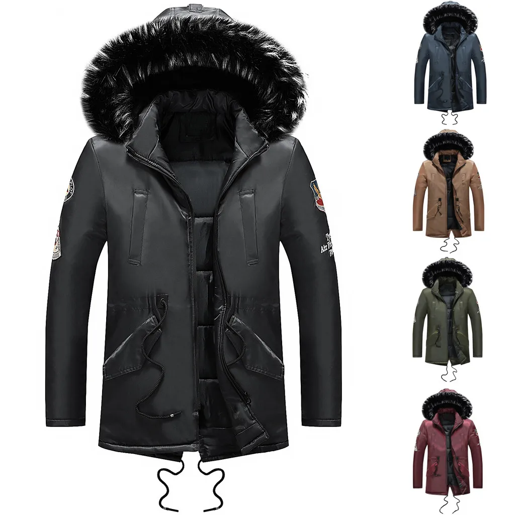 

YOUYEDIAN 2019 Men Winter Long Sleeve Pocket Furry Collar Hooded Outwear Jacket Coat Plus Size