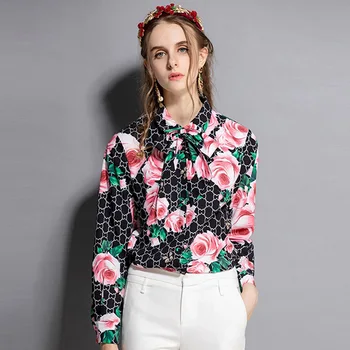 

New Fashion Runway Designer blouses Women's Long sleeve Turn Down Collar Bow Rose flower printed Casual Tops Shirts Femal Blouse