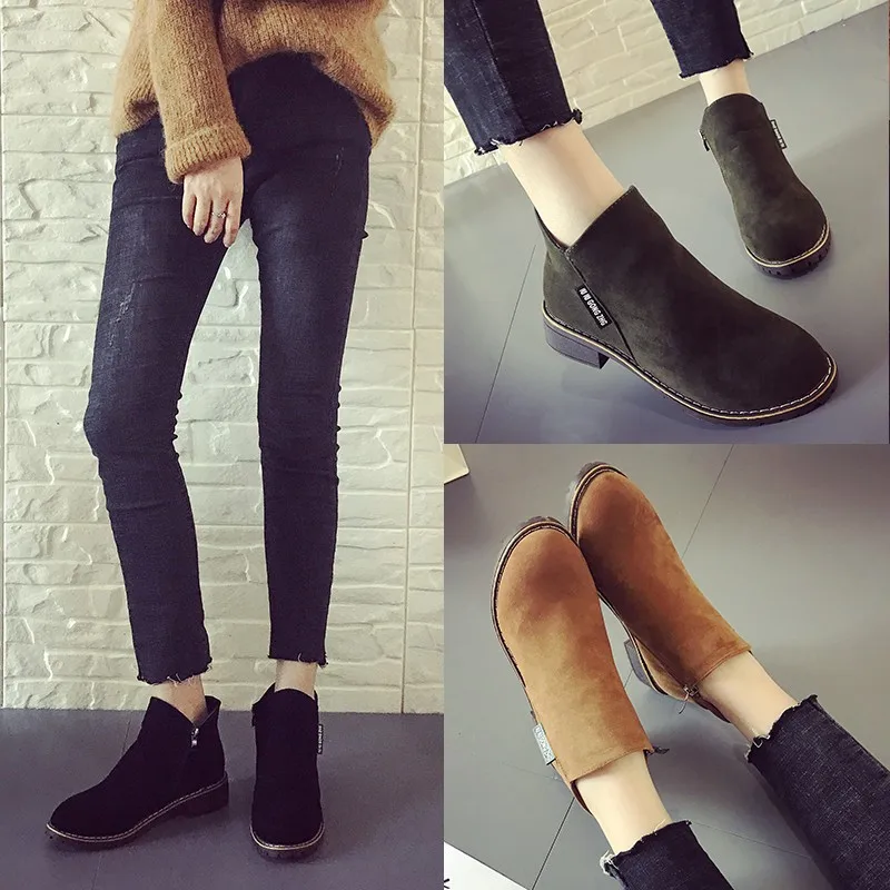 

2018Women's Autumn Shoes Ladies Black Short Boots For Woman Ankle Boots Female Square Low Heels Zipper Scrub Platform size35-40