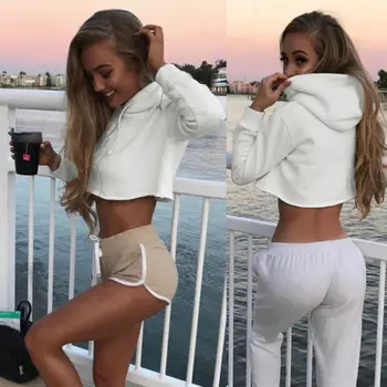 

Sexy Women White Hoodie Sweatshirt Crop Top Long Sleeve Autumn White 2018 Woman Clothing Sweatshirt Pullover