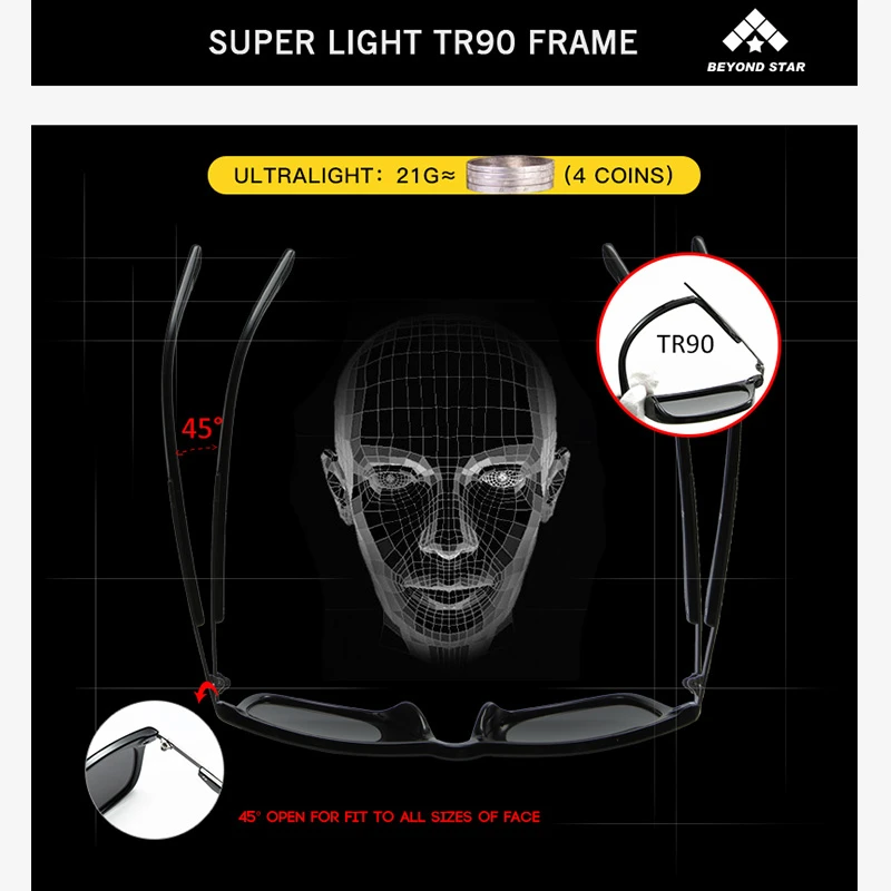 BEYONDSTAR новые TR90 мужские солнцезащитные очки поляризационные брендовые дизайнерские ультра-легкая оправа квадратные модные очки темно-синие для женщин TR9149