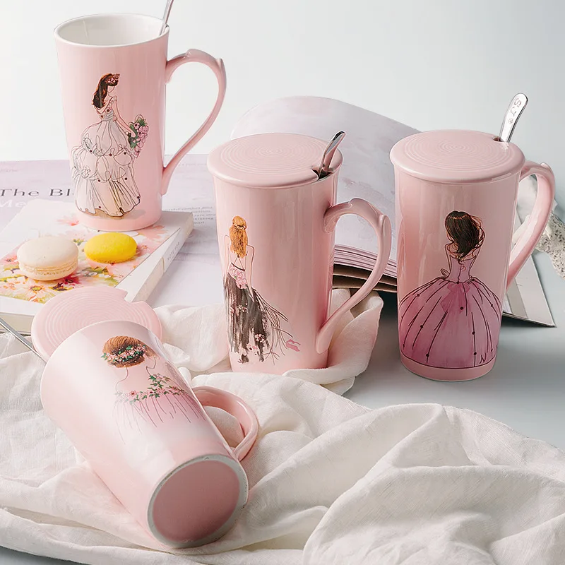 

Pink Creative Diamonds Beauty Ceramic Mugs 400ml Cute Office Water Mug With Cover Scoop Cups Porcelain Coffee Cup Gift