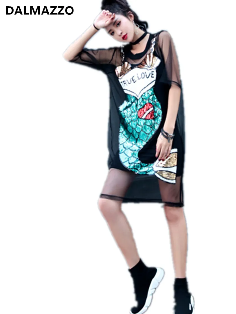 

2019 Summer Newest Cut 3D Cartoon Mermaid Sequined Women Lady Short Sleeve T-Shirt Loose Mesh Dresses+Lining 2 Pieces Sets Dress
