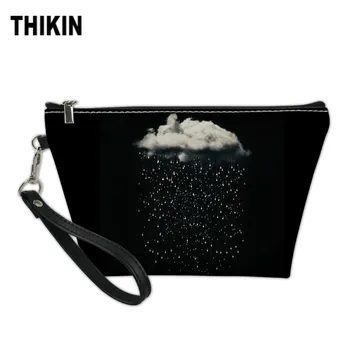

THIKIN Cloud and Raining Pattern Print Black Makeup Bag Women Personalized Cosmetic Cases Bags Ladies Travel Toiletry Pouch
