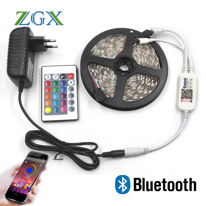 ZGX Bluetooth Controller 5050 RGB LED Strip light Decor tira Tape lamp neon ip waterproof diode ribbon DC 12V adapter set lights