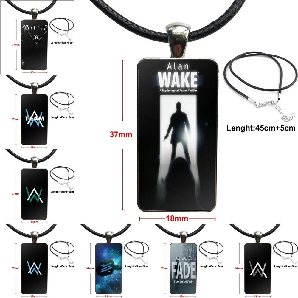 

For Unisex Party Gift Alan Walker Vintage Jewelry Stainless Steel Color Glass Cabochon Choker Pendant Long Rectangle Necklace