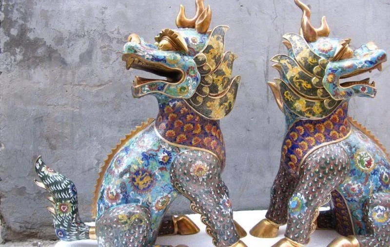 

24 Royal Palace 100% Pure Bronze cloisonne Guardian Fu Foo Dog Lion kylin Kirin