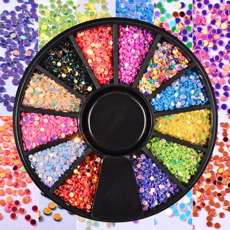 

Shellhard 12 colors in 1 Wheel 1mm Nail Art Round Sequin Rainbow Rhinestone Nail Tips DIY Decoration