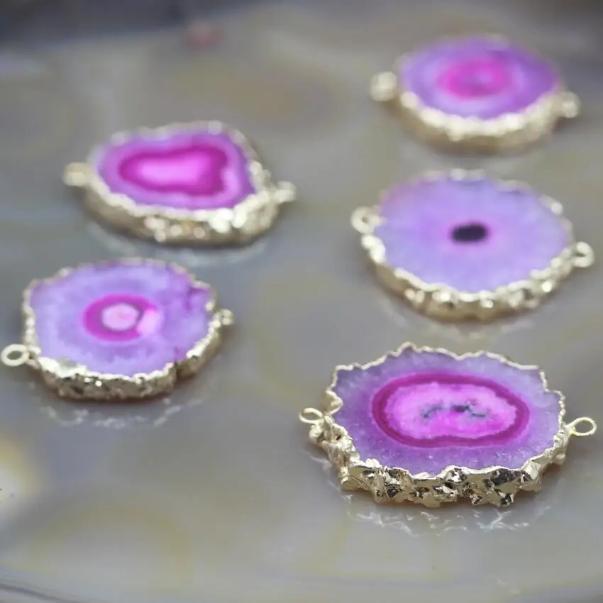 

5Pcs Large Rose Red Sun Flower Drusy Geode Slabs Connectors Charms,Gold Edges Solar Quartz Druzy Slice Nugget Pendants Jewelry