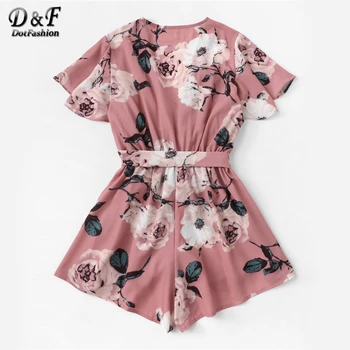 Dotfashion Pink Knot Floral Print Wrap Romper 1