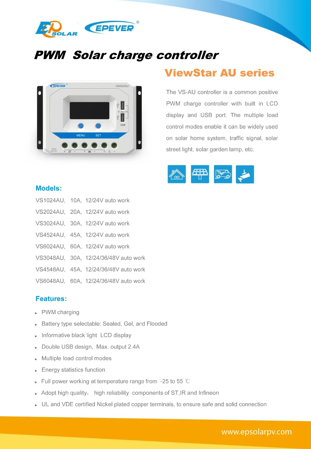 EPEVER VS6024AU 60A Контроллер заряда солнечной батареи ШИМ 12 В 24 В DC авто с познавательным черным дисплей светодиодный двойной 5 в USB EPsolar