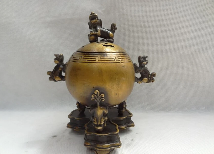 

S3976 8" Tibet Buddhist Bronze Lion PiXiu Head Statue Ball Box Incense Burner Censer D0318