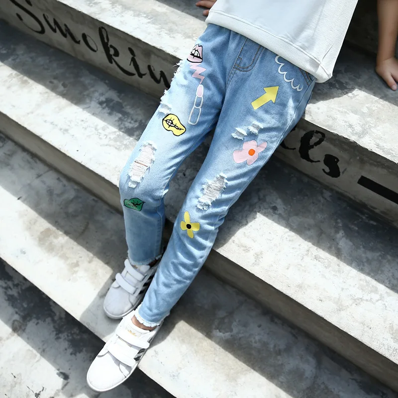 

2018 Big Girl Summer Autumn Hole Jeans Teenager Girl Denim Pants Straight Ripped Jean Trousers Kids Autumn Trousers 4-13Y