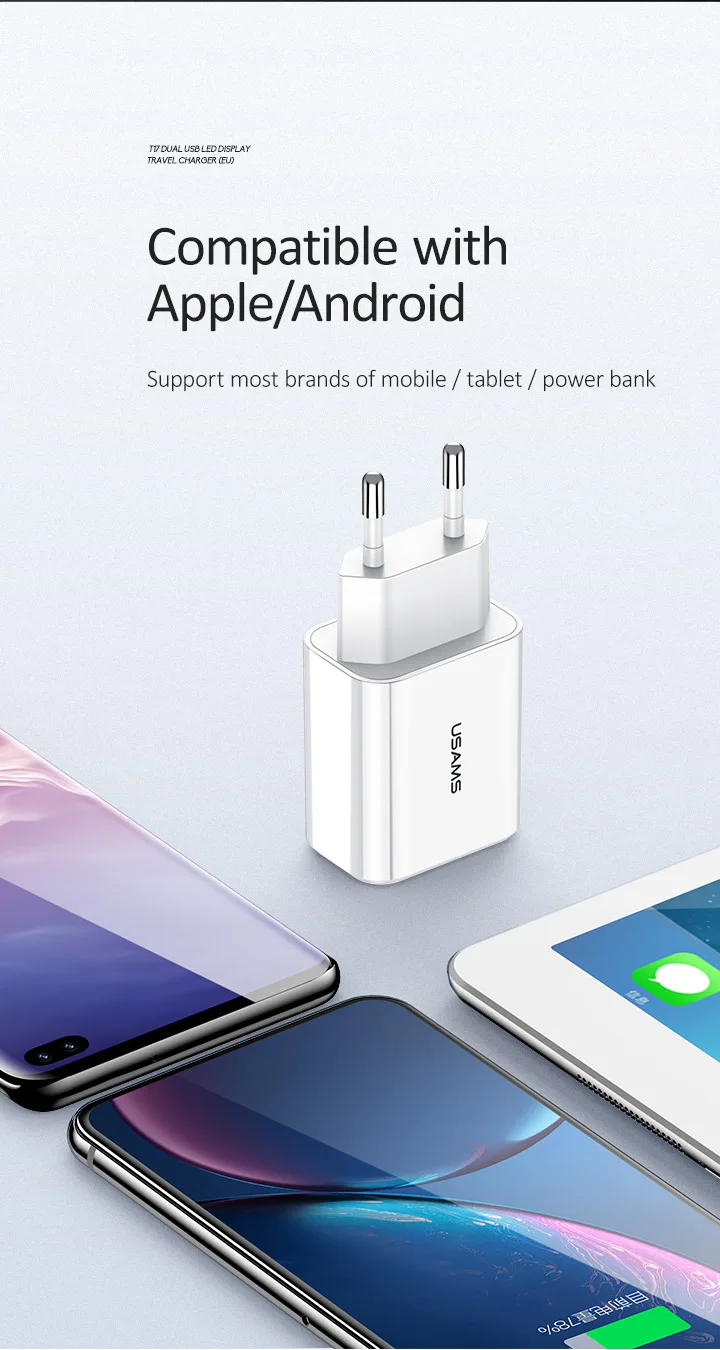 USAMS, двойное USB зарядное устройство, светодиодный дисплей, зарядное устройство для мобильного телефона, ЕС, быстрая зарядка, настенное зарядное устройство для iPhone, samsung, Xiaomi, портативное зарядное устройство
