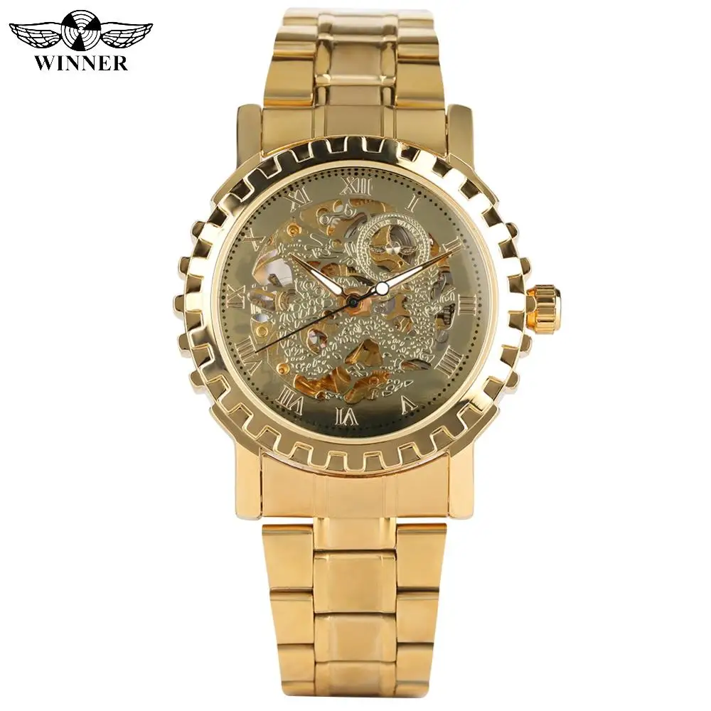 

Business Automatic Mechanical Watches Stainless Steel Gold Band Watch for Teenagers Skeleton Watch Mechanical for Man
