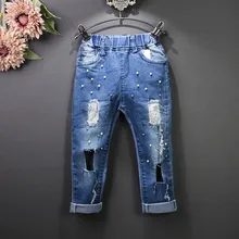 (5 pièces/lot)-filles Automne Pantalon Jeans 2017 Perle Pause Crayon Pantalon Long Pantalon Enfants de Porter des Jeans Pantalon Taille 100-140