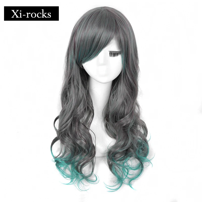 

3028 Xi.rocks synthetic wig &26inch Long Curly Wigs Green Mixed Gary High Temperature Fiber Hair with Bangs for Ladys and Grils
