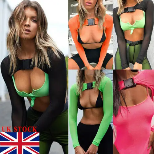 Women Mesh Sheer See-through Long Sleeve Crop Tops Tee Fishnet Bodysuit Shirts