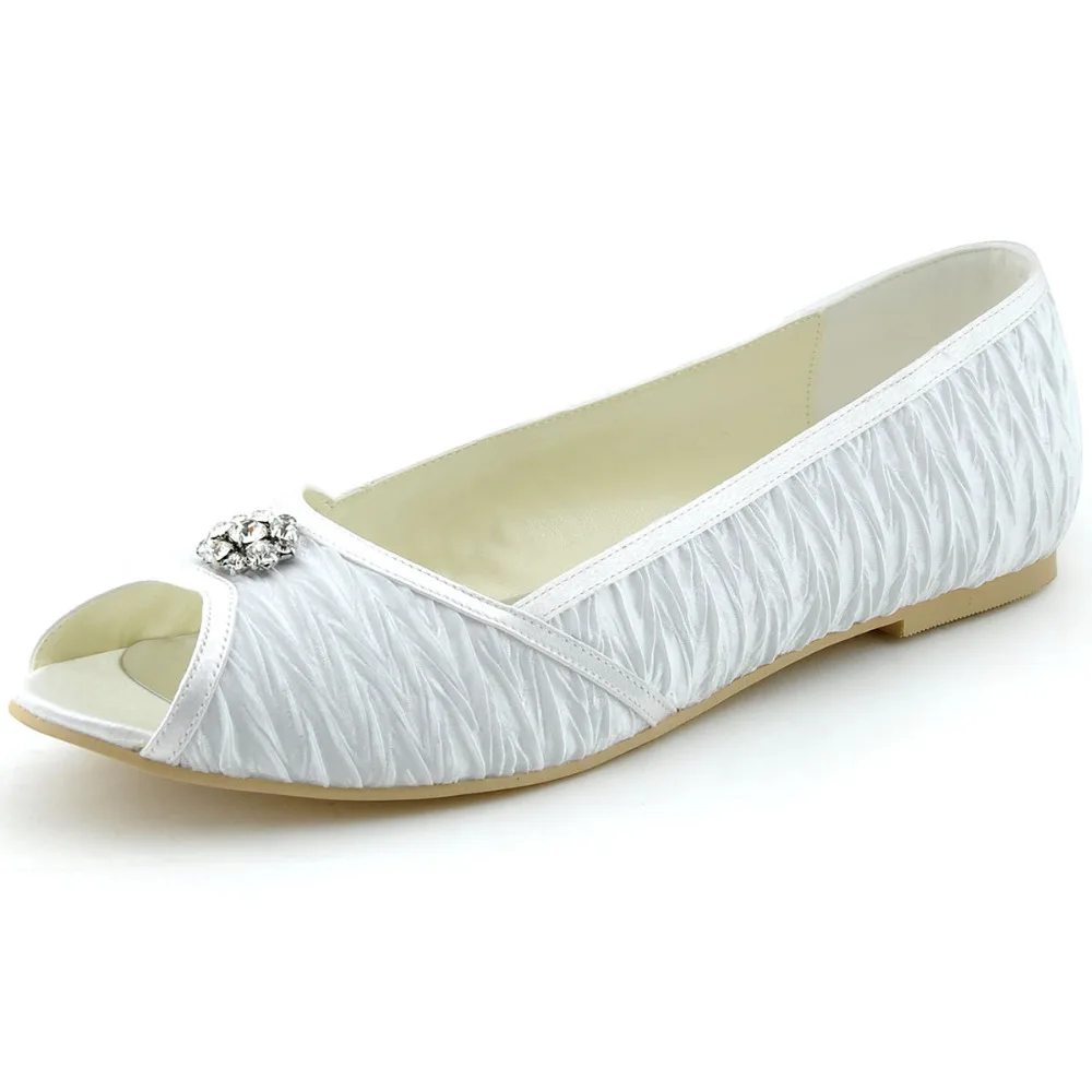 Classic Woman Flats White Ivory Peep Toe Rhinestone Buckle Pleated