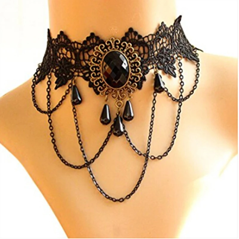 Модные женские винтажные Ретро Короткие готические стимпанк Кружева ожерелье в виде цветка ожерелье ювелирные изделия, ожерелье - Окраска металла: black