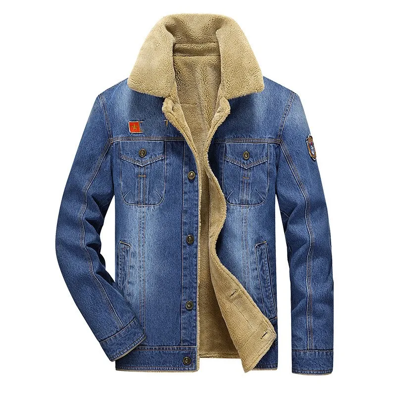 winter Retro denim jacket men fur collar thicken outwear jacket denim ...