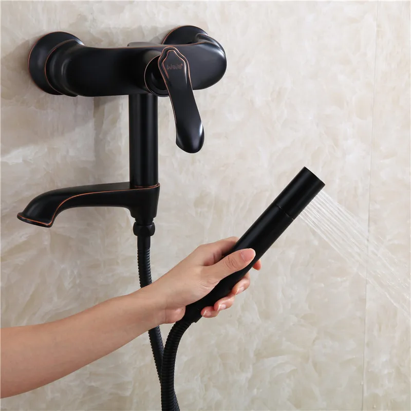 

all copper black hot and cold mixer bathtub faucet into the wall with shower faucet set, cylinder edge faucet