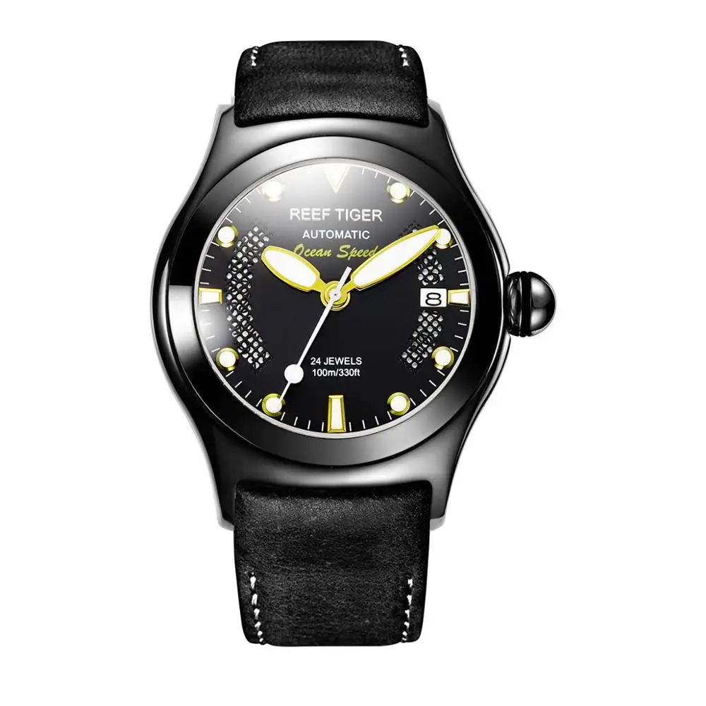 Reef Tiger/RT мужские спортивные часы светящийся Скелет автоматические часы из натуральной кожи ремешок RGA704 - Цвет: RGA704-BBBG