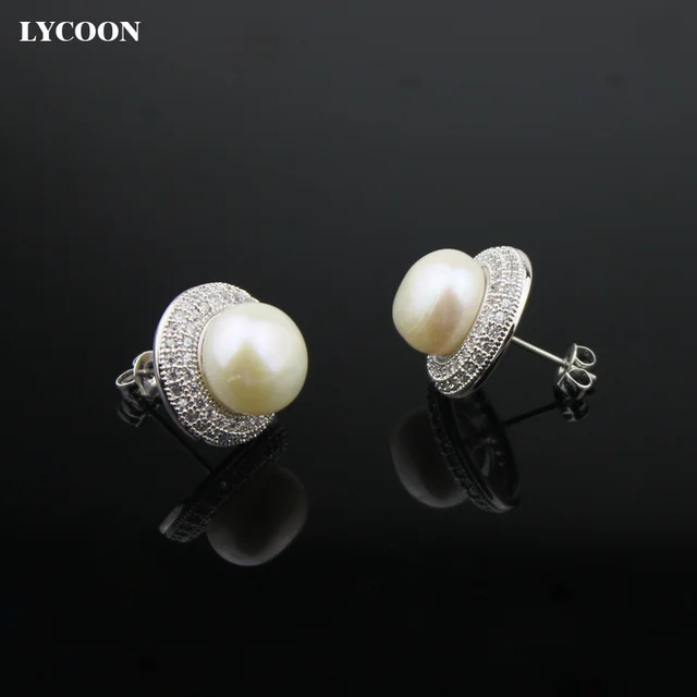 Ly Women Round Pearl Stud Earrings G Setting Cubic Zirconia Ly Women Round Pearl Stud Earrings G Setting Cubic Zirconia Earring Silver Plated Fashion Wedding Jewelry