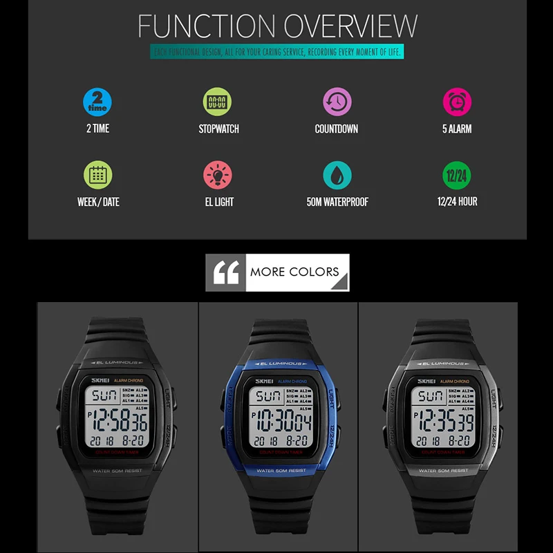 SKMEi мужские цифровые водонепроницаемые часы Дата светящаяся обратного отсчета спортивные часы 1278