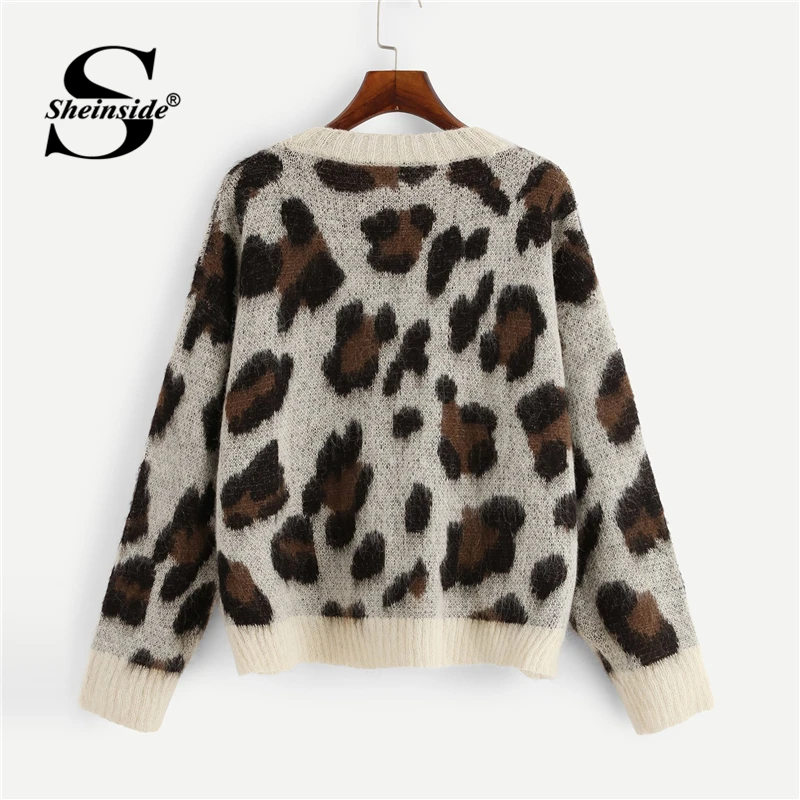 Sheinside التباين تريم ليوبارد سترة المرأة عارضة البلوفرات الإناث محبوك البلوز 2018 الخريف طويل كم إمرأة البلوزات