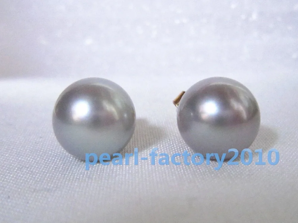 FREE SHIPPING HOT sell new Style >>>> round AAA + 10-9mm gray south sea pearl earrings with 14 k
