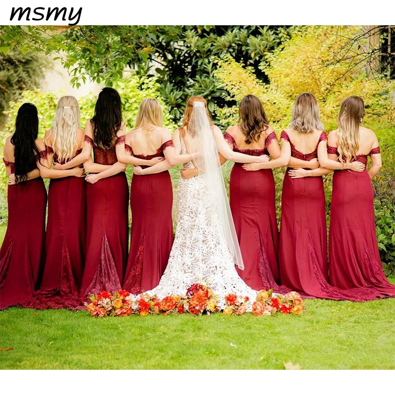 Летний сад бордовый подружек невесты платья для женщин в Западном и деревенском стиле свадьбы Boho элегантный с открытыми плечами