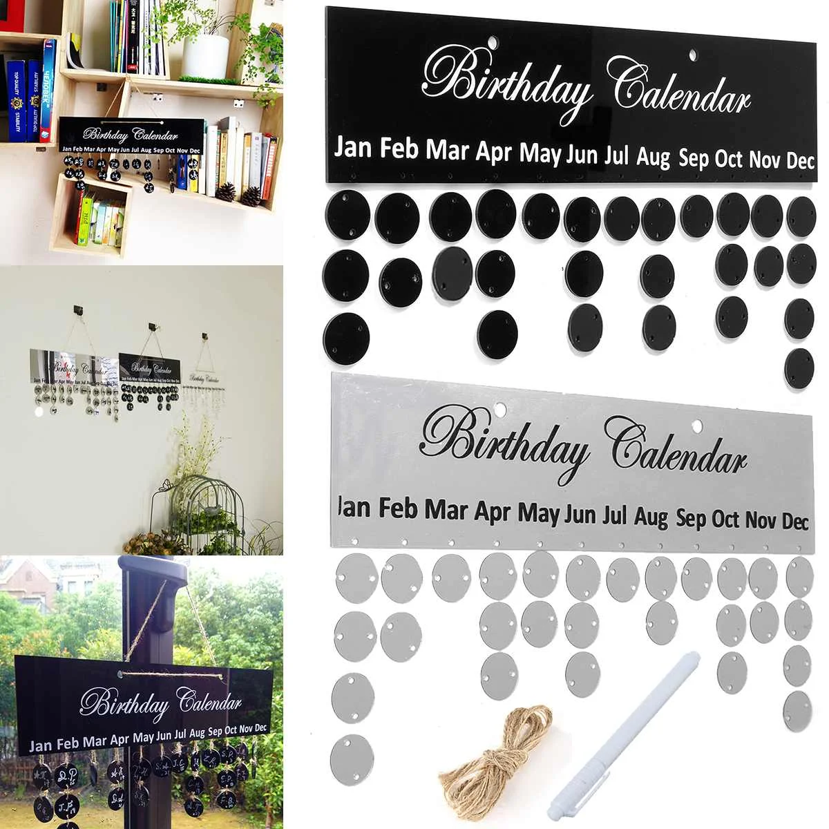 Planejador de Datas Decoração de Aniversário da Família Kicute Prata Preto Aniversário Calendário Faça Você Mesmo Placa Sinal Especiais Pendurado Presente 1 pc