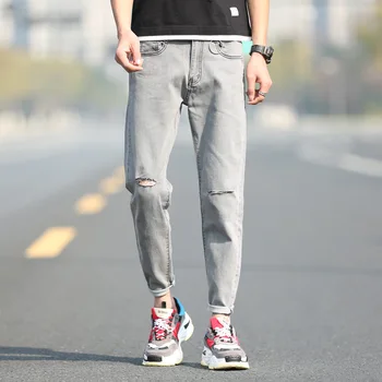 

Fashion Casual Mid Jeans for Men Slim Ankle-length Pants Mid weight Denim Pants Men Solid Hole Jean Hombre Plus Size